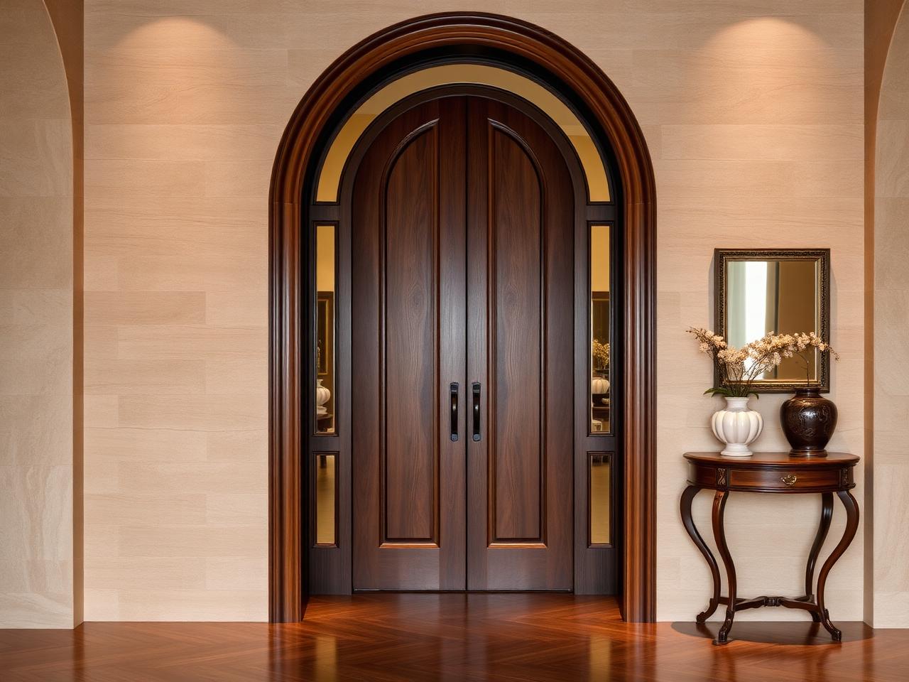 Arched walnut entryway